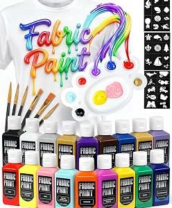 TMOL Fabric Paint Set - Permanent & Washer Safe, 18 Vibrant Colors, in Bottles (60ml/2oz), Non-Toxic Certified Fabric Paint with Brushes & Stencils, Textile Paint for Clothes, DIY Projects & Art