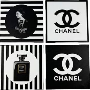 PROBENEX Glam Wall Art Set of 4 – Real Wood Black & White Fashion Decor with Glitter Finish, Hang or Tabletop Stand, 8x8 Inch Small Framed Artwork for Bedroom Vanity Dressing Room, Pink Gift Packaging