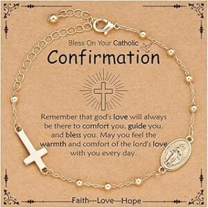 Catholic First Communion Confirmation Baptism Gifts for Girls Teens, Virgin Mary Cross Charm Link Chain Rosary Beads Bracelet Religious Jewelry Gifts