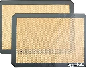 Amazon Basics Silicone Rectangular Baking Mat, Non-Stick, Reusable, Dishwasher Safe, Food Safe, Heat Resistant, 16.5 x 11.6, Beige/Gray, 2-Pack