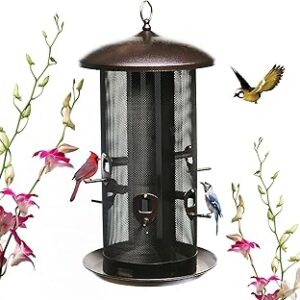 Nature's Rhythm Metal Hopper Bird Feeder Two Chambers，Heavy Duty Mesh Metal Dual Seed Compartments Outdoor Hanging Wild Bird Feeder with 10 Feeding Ports,10lbs Seed Capacity