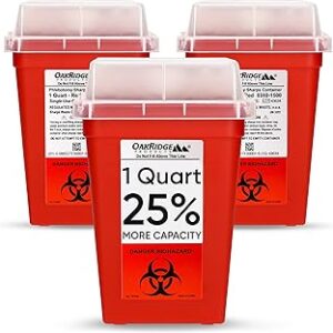 Oakridge Products Sharps Container for Home Use and Professional 1 Quart (3-Pack), Biohazard Needle and Syringe Disposal, Small Portable Container for Travel, CDC Certified