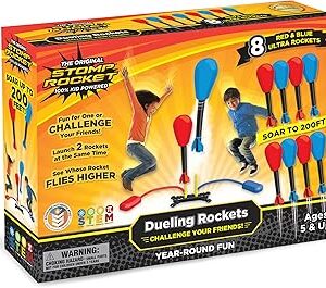 Stomp Rocket Original Dueling Rocket Launcher for Kids, 8 Rockets - Fun Backyard & Outdoor Kids Toys Gifts for Boys & Girls -Toy Foam Blaster Set Soars 200ft - Multi-Player Launcher Stand