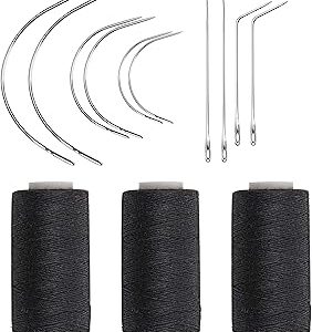 Ryalan Weaving Needle Combo Deal Black Thread with 10pcs Needle for Making Wig Sewing Hair Weft Hair Weave Extension, Big Medium and Small C J Shape Curved Needle I Needle (3 Thread Black + 10 Needle)