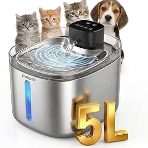 Water Fountain for Cats & Dogs 5L/169fl.oz Stainless Steel Wireless Cordless Pet Drinking Water Dispenser Cat Fountain for Indoor Outdoor &1Filter