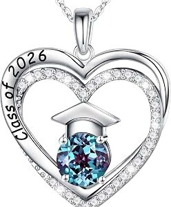 Ursilver Graduation Gifts for Her 2026, S925 Sterling Silver Birthstone Necklace Engraved Class of 2026 Pendant Necklaces College Graduation Gifts for Her