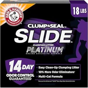 ARM & HAMMER Clump & Seal SLIDE Platinum Multi-Cat Clumping Cat Litter, Easy Clean Technology with No Scrubbing, 14-Day Odor Control, 18 lbs