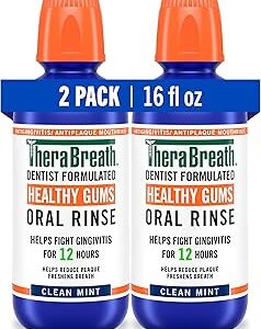 TheraBreath Healthy Gums Oral Rinse, Antigingivitis, Clean Mint Flavor, Dentist Formulated to Help Prevent Gingivitis and Support Gum Health, Alcohol Free, 16 Fl Oz (Pack of 2)