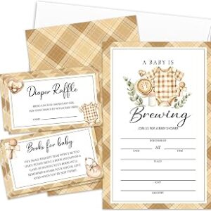 Baby is Brewing Baby Shower Invitations For Girl Boy, Coffee Boy Girl Shower Invites Diaper Raffle Tickets, Book Request Cards Fill in Blank (25 Pcs & Envelopes)/Set-08