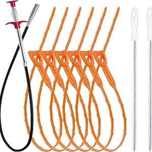 35.5inch Drain Clog Remover(1pcs), 25inch Drain Snake Hair Remover(6pcs) ＆ Cleaning Brush(2pcs), Hair Catcher Drain Auger Cleaner Tool Set For Toilet, Kitchen Sink, Bathroom Tub, Sewer, 9 Pack