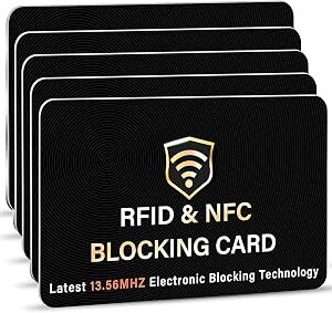 SaiTech IT 5 Pack RFID Blocking Card, One Card Protects Entire Wallet Purse, NFC Contactless Bank Debit Credit Card Protector ID ATM Guard Card Blocker–(Black)