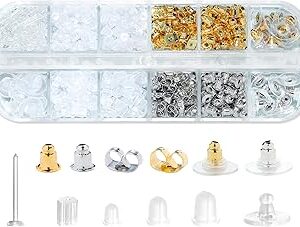 Nkwuire 12 Styles 600 Pcs Earring Backs for Studs, Clear Plastic Earrings Hypoallergenic Metal Rubber Silicone Earring Backs Bullet Clutch Stoppers Replacement Kits for Fish Hook Earring Studs Hoops