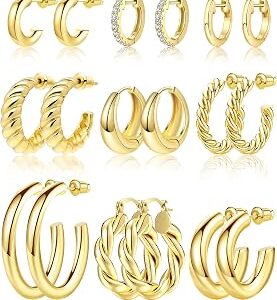 Adoyi 9 Pairs Gold Hoop Earrings Set for Womens Twisted Huggie Hoops Earrings 14K 18K Gold Plated for Girls Valentines Mother's Day Birthday Gifts Lightweight