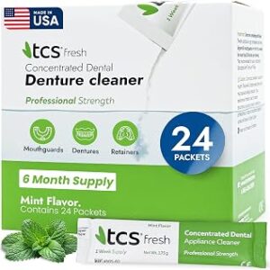 TCS Fresh Denture Cleaner – Professional Strength Concentrated Cleanser Mint Powder for Dental Cleaning – For Dentures, Night Guards, Aligners & Retainer Cleaner – 24 Packets (6 Month Supply)