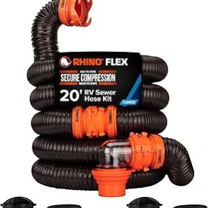 Camco RhinoFLEX 20-Ft RV Sewer Hose Kit - Features Clear Elbow Fitting w/Removable 4-in-1 Adapter - Connects to 3” Slip or 3”/3.5”/4” NPT Threaded Sewer Connection (39742)