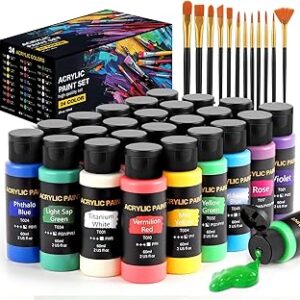 TMOL Acrylic Paint Set, 24 Colors (2 oz/Bottle) with 12 Art Brushes, Art Supplies for Painting Canvas, Wood, Ceramic & Fabric, Rich Pigments Lasting Quality for Beginners, Students & Professional Artist