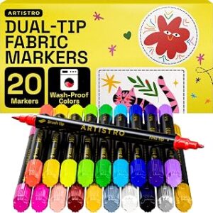 ARTISTRO 20 Dual-Tip Fabric Markers - Fabric Decorating Kit - Permanent for Clothes - No Bleed Pens for T-Shirts, Bags, Textile, Canvas, and More (Brush Tip and Fine Tip)