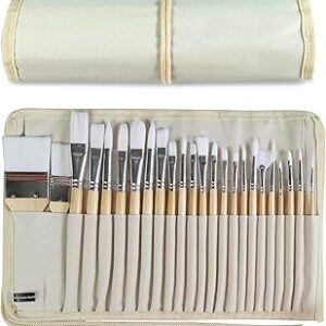 Paint Brushes Set of 24 Pieces Wooden Handles Brushes with Canvas Brush Case, Professional for Oil, Acrylic and Watercolor Painting