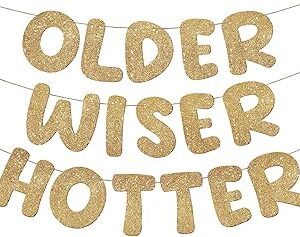 Fulmoon Set of 3 Pre Strung Older Wiser Hotter Glitter Banner Funny Birthday Banner for Women 30th 40th 50th 60th 70th 80th Birthday Party Decorations Sign Gift(Champaign Gold)