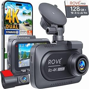 ROVE R2-4K DUAL Dash Cam Front and Rear, STARVIS 2 Sensor, FREE 128GB Card Included, 5G WiFi - up to 20MB/s Fastest Download Speed with App, 4K 2160P/FHD Dash Camera for Cars, 3 IPS, 24H Parking Mode