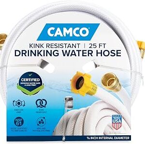 Camco TastePURE 25-Ft Water Hose - RV Drinking Water Hose Contains No Lead, No BPA & No Phthalate - Features Diamond-Hatch Reinforced PVC Design - 5/8” Inside Diameter, Made in the USA (22783)