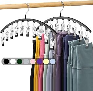 Volnamal Legging Organizer for Closet, Metal Yoga Pants Hangers 2 Pack w/10 Clips Holds 20 Leggings, Space Saving Hanging Closet Organizer w/Rubber Coated Closet Organizers and Storage, Black