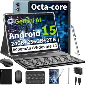 Android 15 Tablet 10 Inch, 2026 Tablet with Keyboard, 24GB+256GB+2TB Expand, Tablets PC with Gemini AI, Octa-Core, 8000mAh, 5G WiFi, Widevine L1, GMS, 2 in 1 Tablets with Case, Mouse, Stylus (Black)