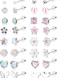 CASSIECA 16 Pairs Hypoallergenic Screw Back Earrings for Women Girls 316L Stainless Steel CZ Ball Heart Flower Screwback Flat Back Stud Earrings Jewelry Gift Women Multicolored Pink