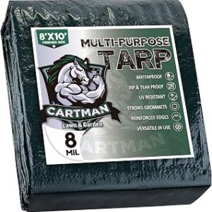CARTMAN Finished Size 8x10 Feet Waterproof Green Tarp 8 Mil Thick, Multipurpose Protective Cover for Emergency Rain Shelter Camping Tarpaulin
