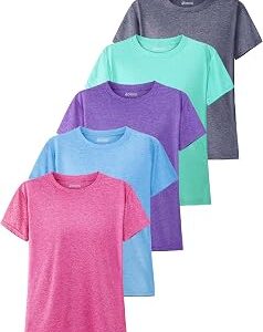 5 Pack Girls Shirts Athletic Dry-Fit T-Shirts Short Sleeve Summer Crew Neck Tops for Girls Kids Teens