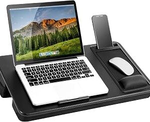 LAPGEAR Extra Large Adjustable Lap Desk – Fits Laptops up to 17.3”, Adjustable Cushion, Memory Foam Wrist Rest, Mouse Pad, Device Ledge, & Phone Slot – Black Carbon - Style No. 88108