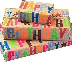 BIOBROWN Kraft Wrapping Paper Roll Colorful Text Happy Birthday Design Perfect for Birthday Holiday Wrap 17 inch X 33 feet