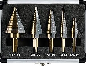 Step Drill Bits, 5PCS HSS Titanium Step Drill Bit Set, 50 Sizes High Speed Steel Step Bits for Metal with Aluminum Case