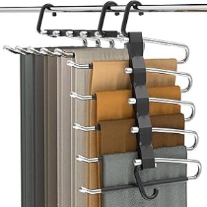 Pants Hangers Space Saving - 2 Pack Closet Organizer and Storage Jean Hangers, Stainless Steel Anti-Slip Clothes Hanger Scarf Holder for Pants Jeans Leggings Trousers Pant Rack, Black