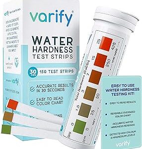 Varify Water Hardness Test Kit - Water Testing Kit for Home, Drinking, Well, Spa, Swimming Pool, Softener, Dishwasher & More - Hard Water Test Strips for Calcium, Magnesium etc (0-425 pmm, 150 Strips)