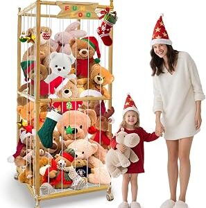 Large Stuffed Animal Storage, 550L Wood Plush Toy Storage With Wheels, Kids Plushies Storage With Thicker Elastic Band, Stuffed Animal Organizer For Playroom, Bedroom, Nursery(22.5in*22.5in*66.4in)