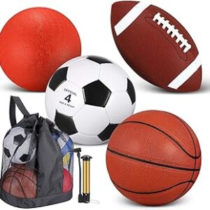 Deekin 4 Pcs Sport Balls Set for Kids Teens, Include Official Size Basketball Soccer Football Playground Ball and Pump Sports Equipment Bag Sports Gift(Normal Color)