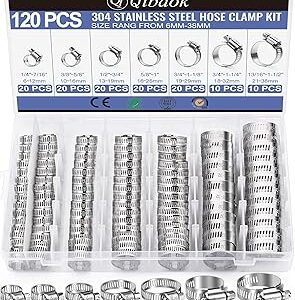 Hose Clamp- Qibaok 120 PCS Stainless Steel Hose Clamps Assortment Kit 1/4''–1-1/2'' Worm Gear Clamps for Fuel Line, Plumbing, Automotive, Mechanical Applications, Pipe, Tube, Radiator, Garden