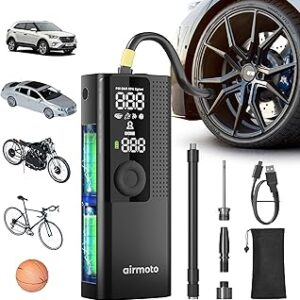 Airmoto Tire Inflator Portable Air Compressor - Air Pump For Car Tires with Digital Pressure Gauge, LED Light and Auto Shut-Off Function - Cordless Pump for Car, Motorcycle, Bicycle, Ball