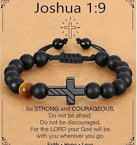 P. BLAKE First Communion Confirmation Baptism Gifts for Boys, American Flag Cross Natural Beads Bracelet Christian Religious Jewelry Gifts for Teen Boys Kids