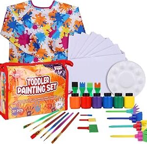 J MARK Toddler Painting Set – 38-Piece Set with Art Smock, 6 Washable Tempera Paints, Painting Paper, Brushes, Sponges, Painting Tools and Palette (Colors)