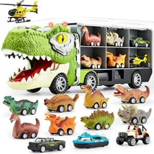 JOYIN 13 in 1 Dinosaur Toys for Kids 3-5, Transport Dinosaur Carrier Truck with 12 Pull Back Cars, Toddler Toys 3-4， Birthday Gifts for 3 4 5+ Year Old Boys