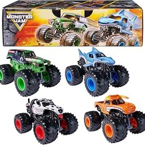 Monster Jam, All Stars 4-Pack Monster Trucks, Official Grave Digger, Megalodon, Dalmatian and El Toro Loco 1:64 Scale, Kids Toys for Boys Ages 3 and up