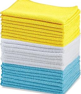 Amazon Basics Microfiber Cleaning Cloths, Ultra Absorbent, Lint Free, Streak Free, Non-Abrasive, Reusable and Washable, 16 x 12, Blue/White/Yellow, Pack of 24