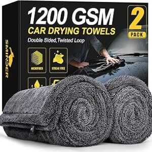 SMINDER 2-Pack 1200 GSM Car Drying Towels – Microfiber Towels for Cars (36 x 24), Ultra-Absorbent, Streak-Free, Scratch-Free, No Water Spots, Double-Twist Pile & Edgeless Design