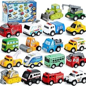 JOYIN 18 Pcs Pull Back City Cars and Trucks Toy Vehicles Set, Friction Powered Mini Cars Toys for Toddlers, Party Favors for Kids 3-5, Birthday Gifts for Boys and Girls, Treasure Box Toys