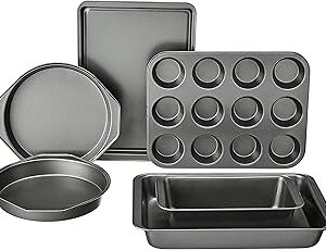 Amazon Basics 6 Piece Nonstick Carbon Steel Bakeware Set with Cake, Muffin, Cookie, and Loaf Pans, Easy Release, Oven Safe, 16.25 x 11.75 x 6.25 inches