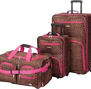 Rockland Vara Softside 3-Piece Upright Luggage Set, Pink Leopard, 3-Piece Set (20 inch/28 inch/22 inch duffel)